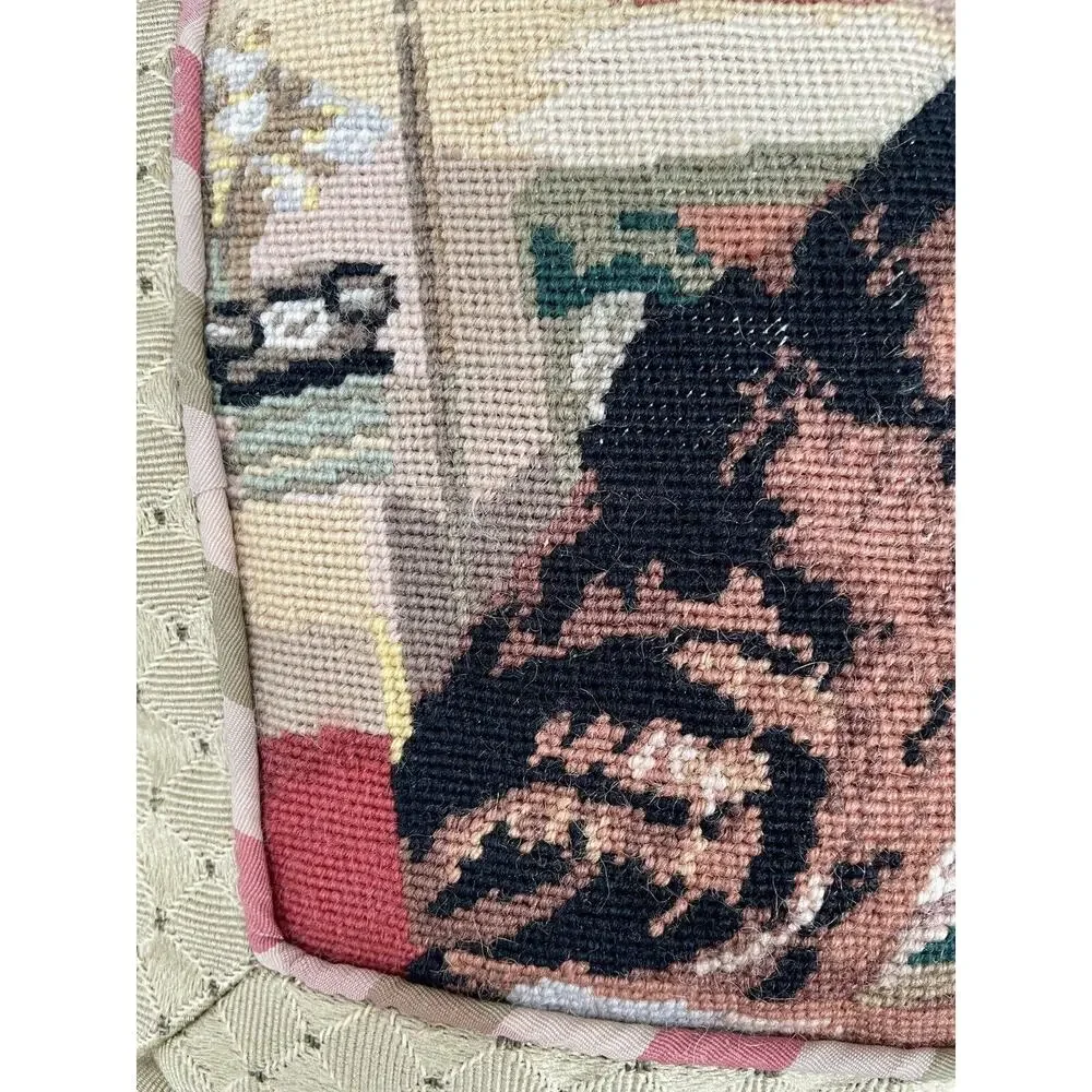 Antique Needlework Point Pillow Boston Terrier Dog Tapestry Ball Fringe 12 X 12